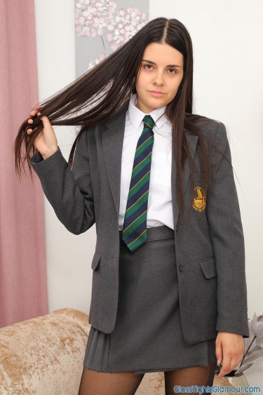 Emmeline In College Uniform With Black Glossy Legwear 1