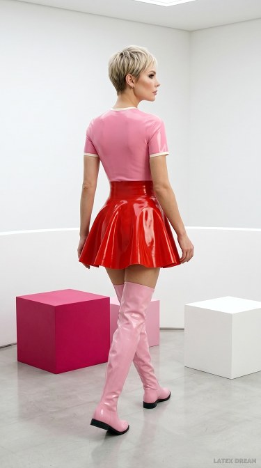 Cleo In Pink Latex Top And Red Mini Skirt With Thighhigh Boots 5