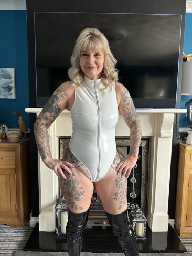 Inked Milf In White Pvc Top With Thigh High Boots 1