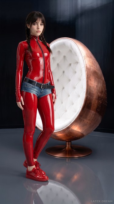 Mavi In Red Latex Catsuit And Denim Shorts Studio Editorial 1