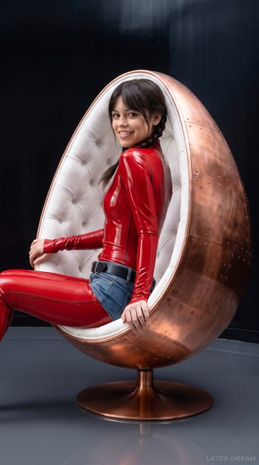 Mavi In Red Latex Catsuit And Denim Shorts Studio Editorial 5
