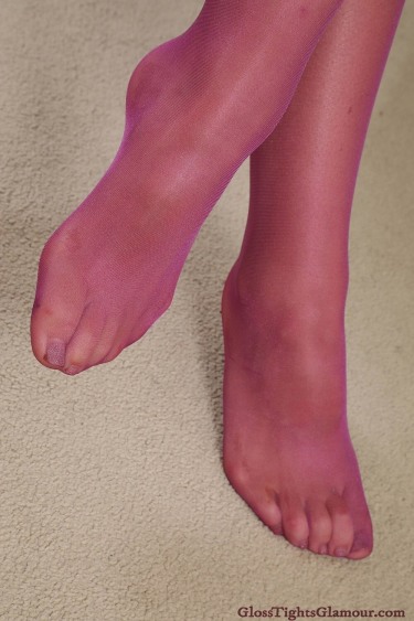 Paige F In Blue Dress With Purple Sheer Glossy Tights 11