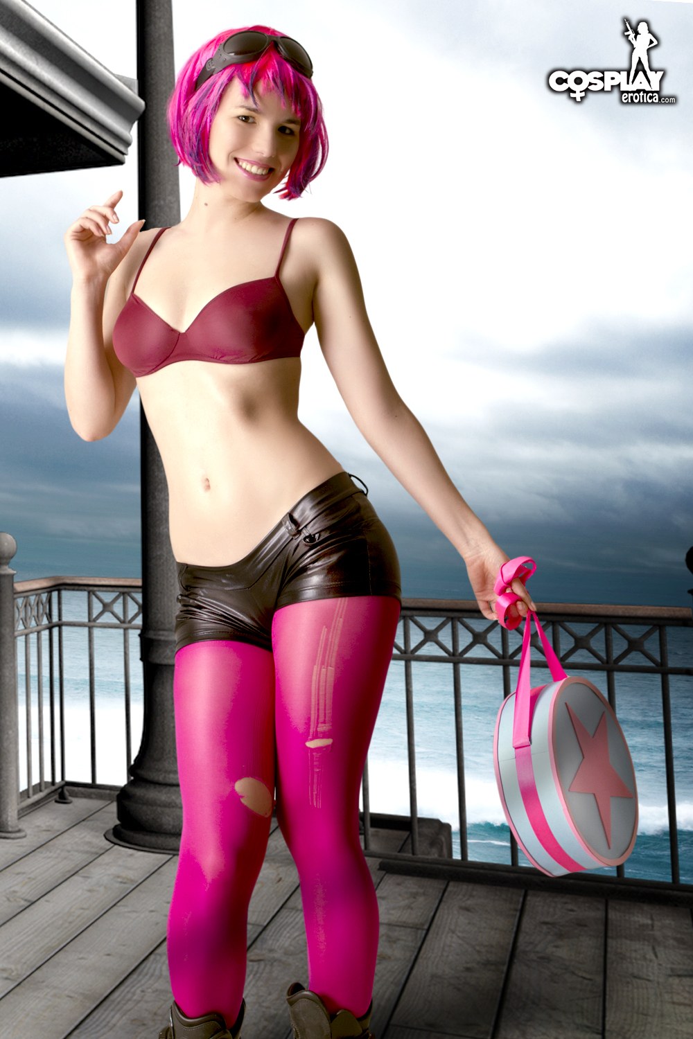 Pretty American Cosplay Girl Ramona Flowers In Leather Shorts And Pink Pant...