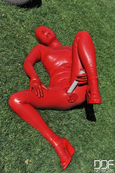 Sandy K In Red Latex Suit 11