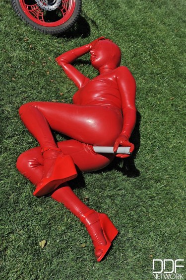Sandy K In Red Latex Suit 12