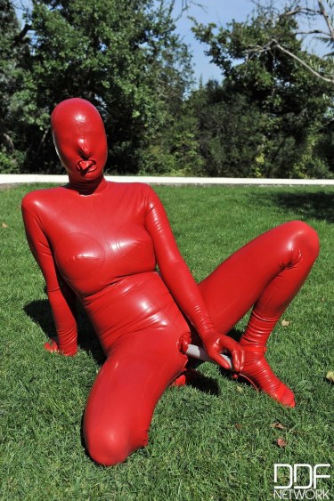 Sandy K In Red Latex Suit 17