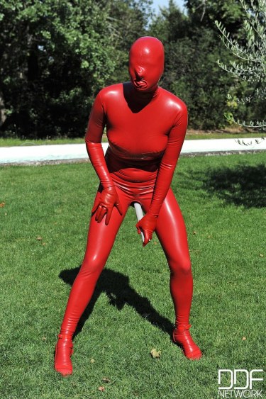 Sandy K In Red Latex Suit 18