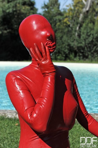 Sandy K In Red Latex Suit 3
