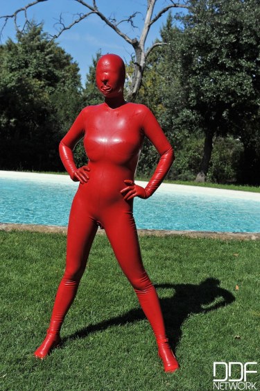 Sandy K In Red Latex Suit 4