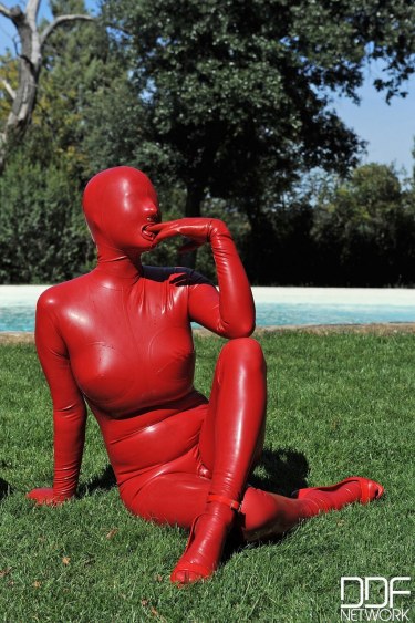 Sandy K In Red Latex Suit 5