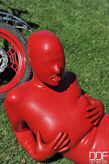 Sandy K In Red Latex Suit 7