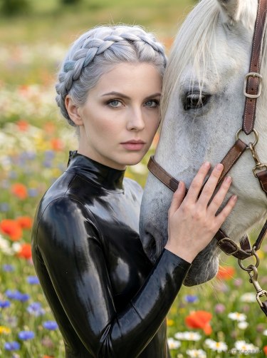 Selene In Black Latex Meadow Horse Portrait 3